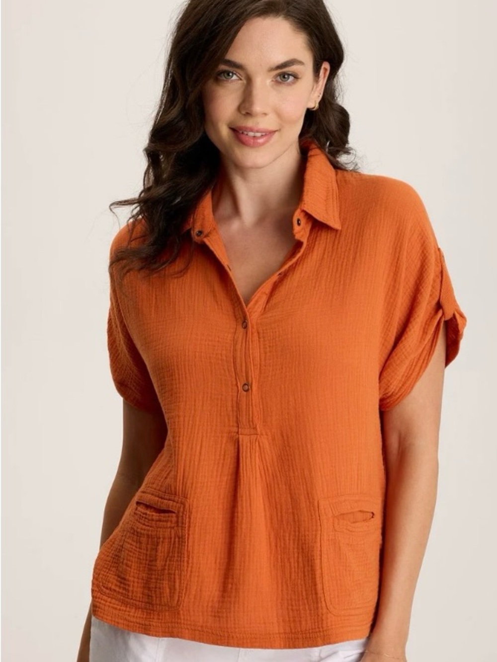 XCVI Anders Short Sleeve Collared Shirt Orange Textured Double Gauze L